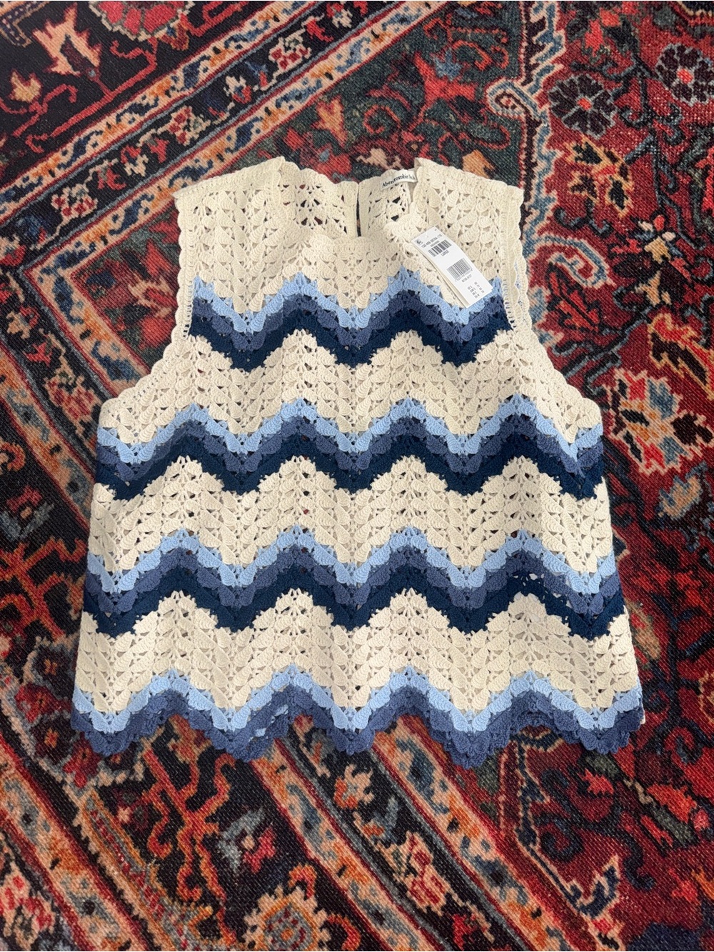 Abercrombie & Fitch Cream Tank with Blue Chevron Crochet
